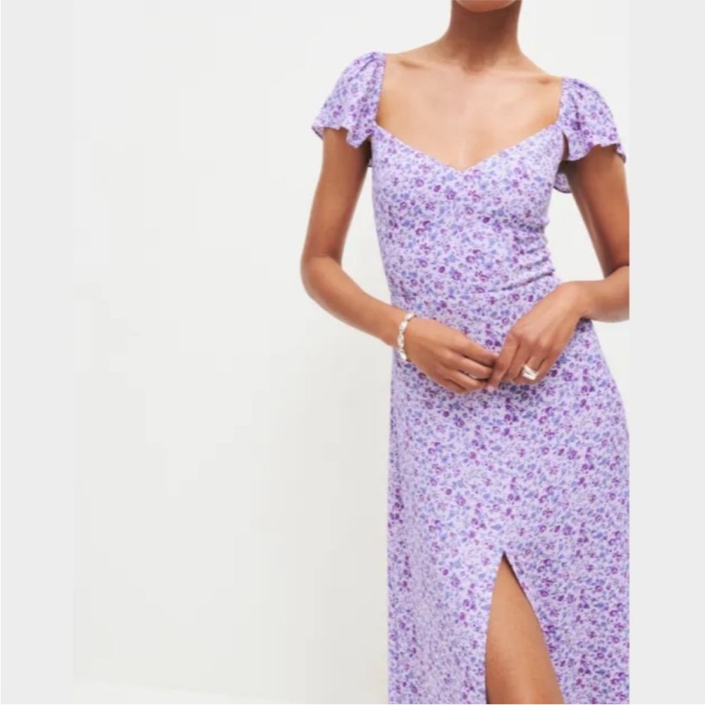 NEW Reformation Baxley Dress in Muse Purple Floral Midi Short Sleeves